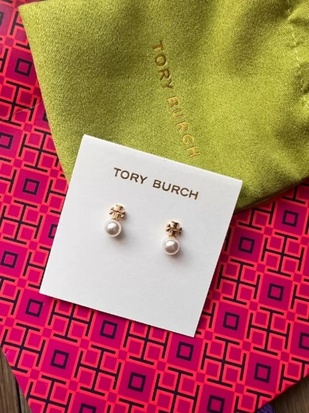 Tory Burch Gold and White Pearl Kids Stud Earrings